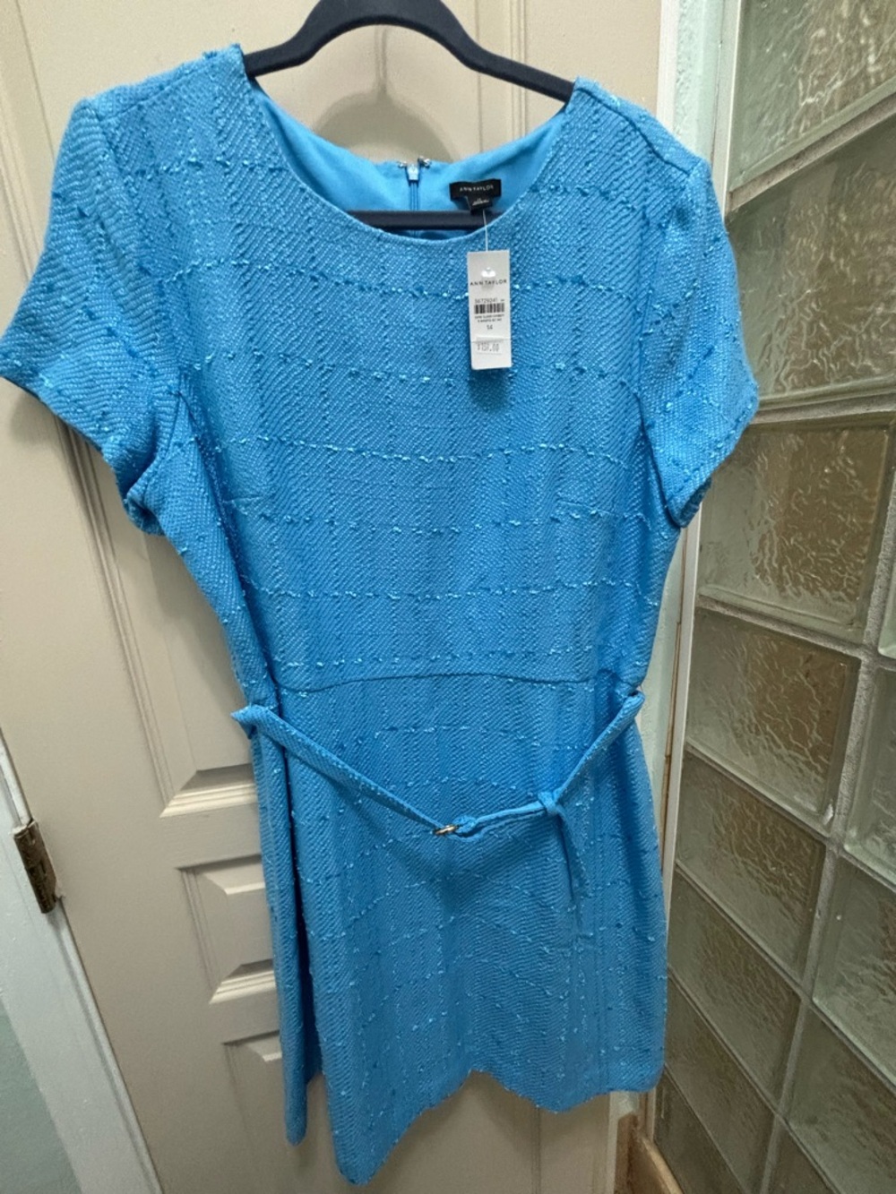 Ann Taylor Blue Textured Belted A-Line Dress NWT Size 14